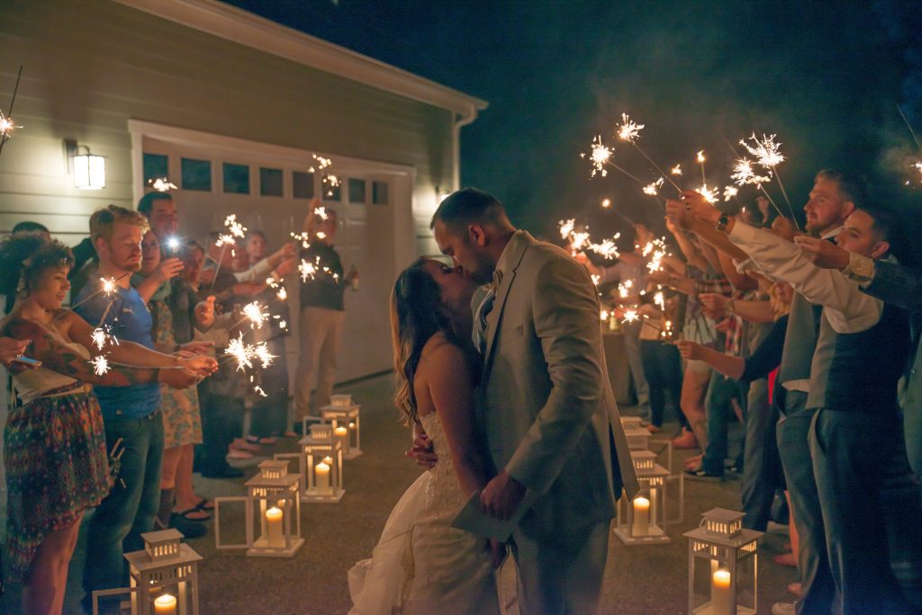 Bride & Groom Exit, Sparklers, Lanterns, Kiss