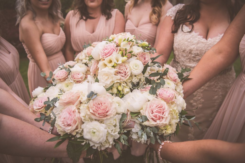 Rose and hydrangea bouquets by Jen's Blossoms.  St. Patrick's Church Wedding