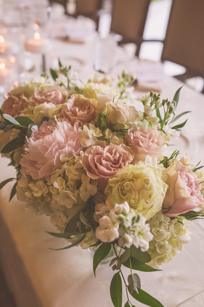 Blush & White head table arrangements by Jen's Blossoms