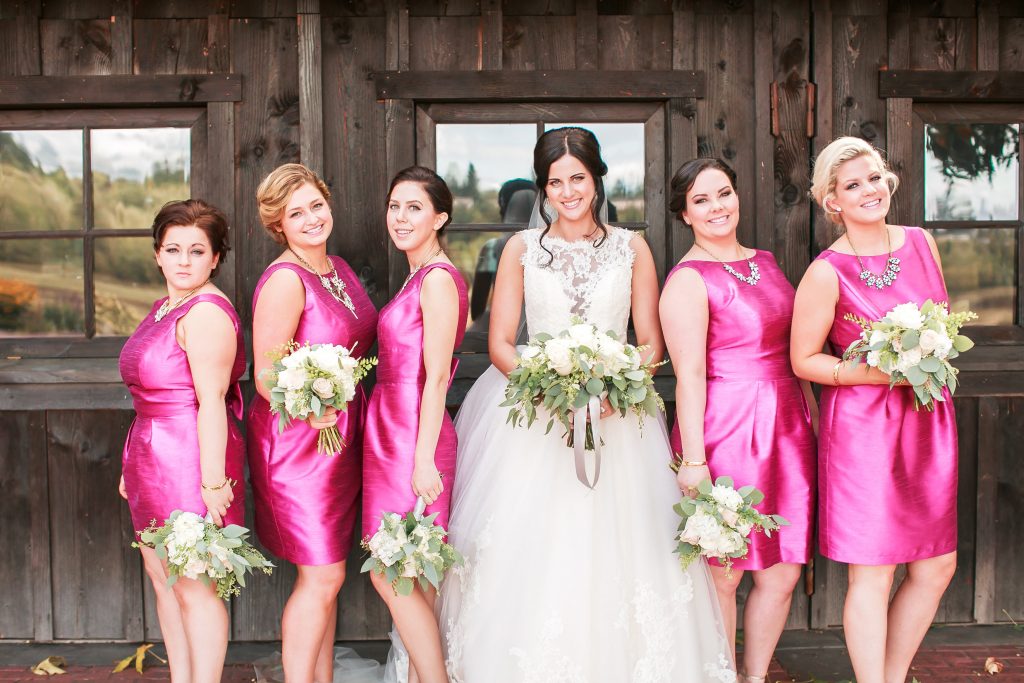 Bride and bridesmaids at Kelley Farms; bouquets by Jen's Blossoms