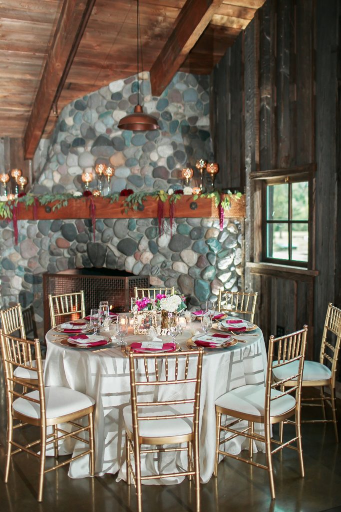 Table and fireplace at Kelley Farms