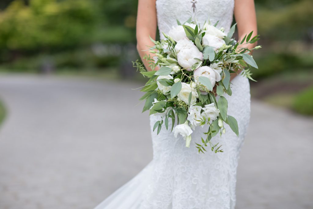 Peony cascade bridal bouquet by Jen's Blossoms.  Blush, White, Greens