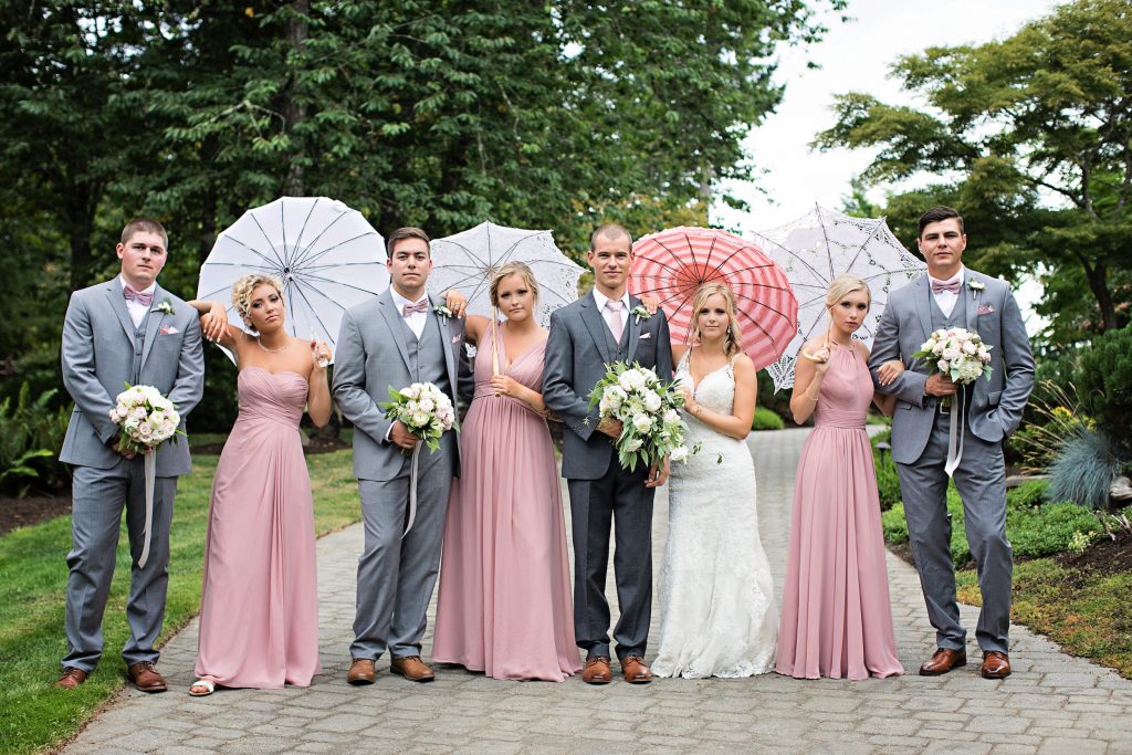 Wedding party at Gig Harbor waterfront wedding; flowers by Jen's Blossoms