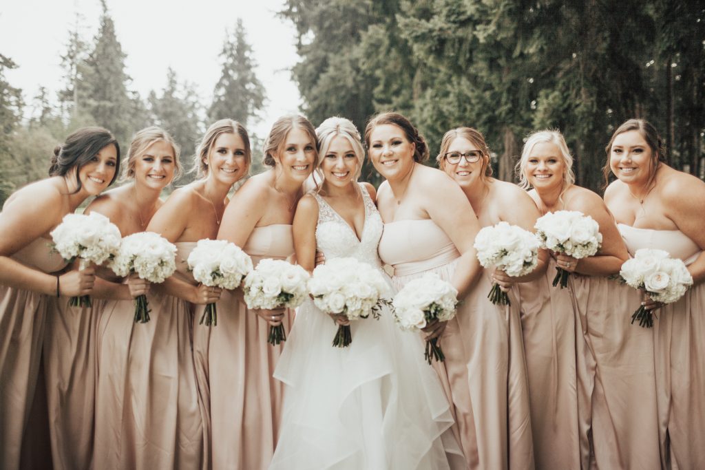 Bride with Bridesmaids; bouquets of hydrangea and roses by Jen's Blossoms