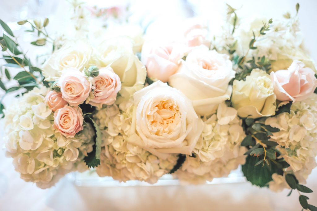 Hydrangea, Spray Roses, and Garden Rose Centerpiece by Jen's Blossoms