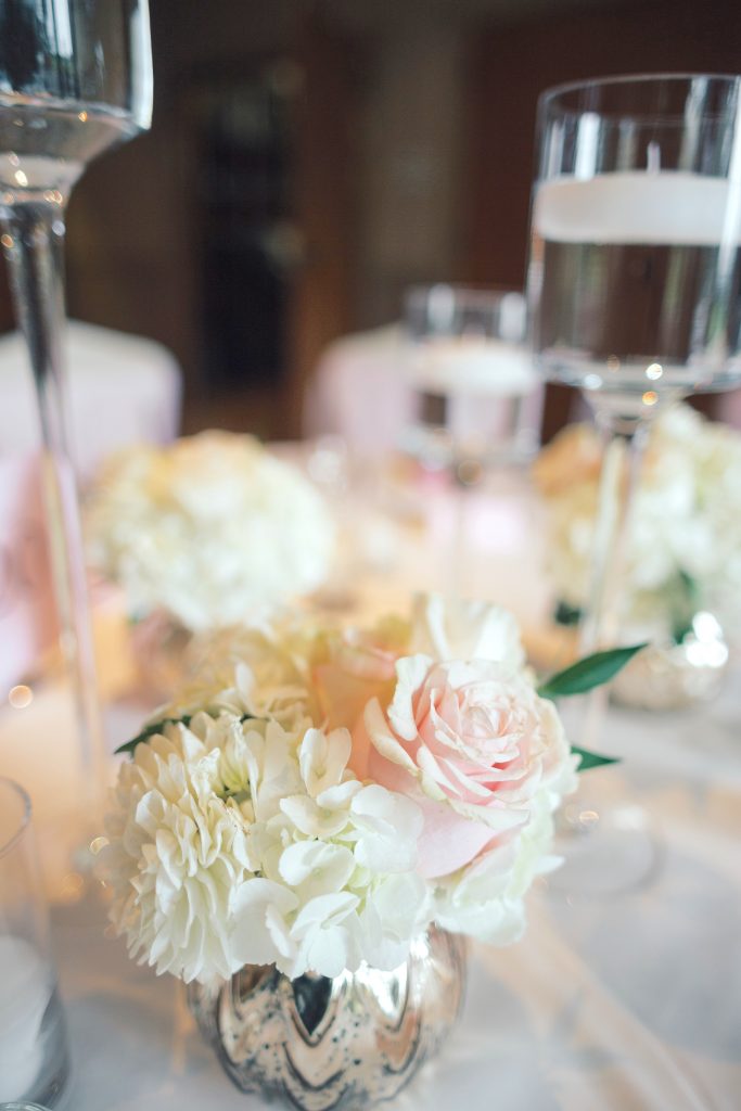 Hydrangea & Rose Centerpiece; Gold Vase.  Flowers by Jen's Blossoms